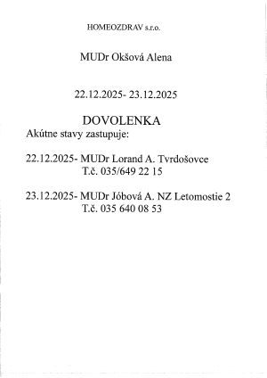 MUDr. Okšová - oznamuje